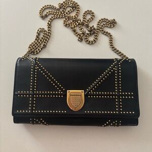 Christian Dior Diorama Black Leather Gold Studded Wallet On Chain